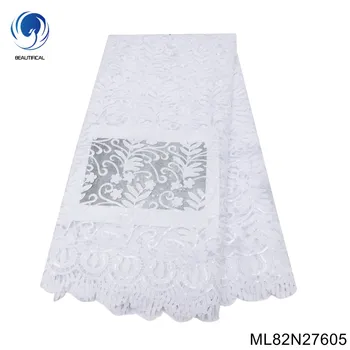 2023 Африканская кружевная ткань, Белое вечернее платье в Нигерийском стиле Премиум-класса, высококачественный 100% полиэстер, Французский тюль, вышивка блестками ML82N276