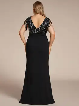 Плюс, вечерние платья с глубоким V-образным вырезом без рукавов блесток кисточкой 2023 BAZIIINGAAA из высококачественного эластичного черное платье невесты Изображение 2
