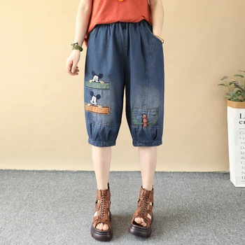 Летние джинсовые короткие брюки с вышивкой в виде мультяшной нашивки, Женские Свободные брюки с пуговицами-лягушками большого размера, завязывающиеся на щиколотке, Легкие трусы Изображение 2