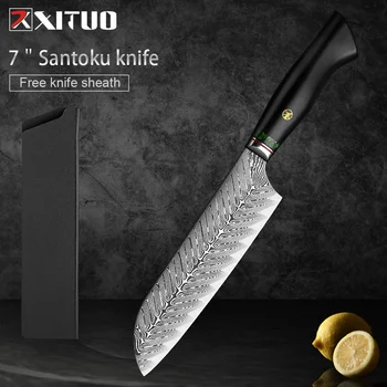 XITUO 7-дюймовый Нож Сантоку из Дамасской стали Для резки Овощей, Профессиональные Кухонные Японские Ножи, Высококачественная Ручка из черного дерева