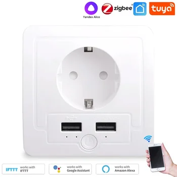 Tuya Zigbee 3.0 / Wi-Fi Настенная розетка EU, 2 USB-порта для зарядки, Независимое управление, таймер, программируемый с Alexa Google Home