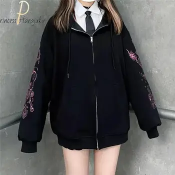 2021 Новое Женское пальто с вышивкой, Корейские пальто, Свободная Женская куртка-кардиган с капюшоном, Куртка Y2k Harajuku, Женское пальто в готическом стиле, Одежда