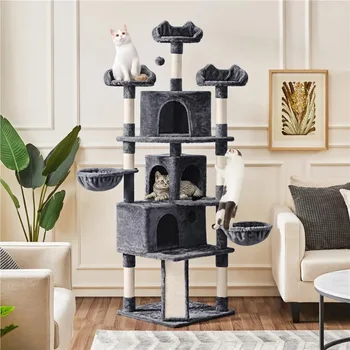 76,5-дюймовая большая башня из кошачьего дерева с 3 квартирами, мебель для кошек, домик на кошачьем дереве, аксессуары для домашних животных Изображение 2