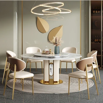 Легкие Роскошные обеденные Сервизы из натурального камня 12 мм, стол с вращающимся салонным кухонным поворотным столом, Дизайнерский стол и стулья