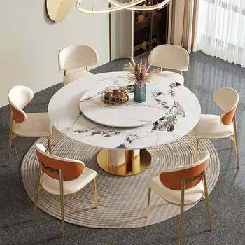 Легкие Роскошные обеденные Сервизы из натурального камня 12 мм, стол с вращающимся салонным кухонным поворотным столом, Дизайнерский стол и стулья Изображение 2