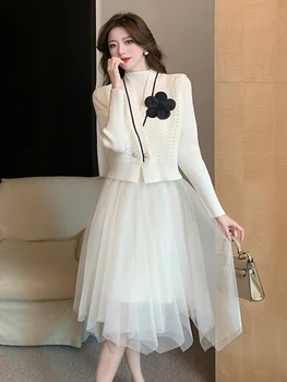Новый осенне-зимний французский Винтажный вязаный комплект из двух предметов, кардиган, жилет, пальто + Женское вязаное сетчатое лоскутное нижнее платье, костюм