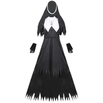 Костюм Монахини для Косплея на Хэллоуин для женщин, страшный костюм, Женский Призрак ужасов для взрослых, Черное Длинное платье для вечеринки, Косплей Изображение 2