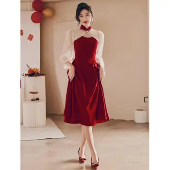 Сексуальное Вечернее платье Трапециевидной формы в китайском стиле с круглым вырезом и длинными Сетчатыми рукавами Qipao Grace бордового цвета, Vestidos