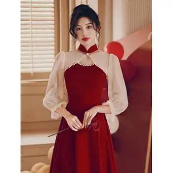 Сексуальное Вечернее платье Трапециевидной формы в китайском стиле с круглым вырезом и длинными Сетчатыми рукавами Qipao Grace бордового цвета, Vestidos Изображение 2