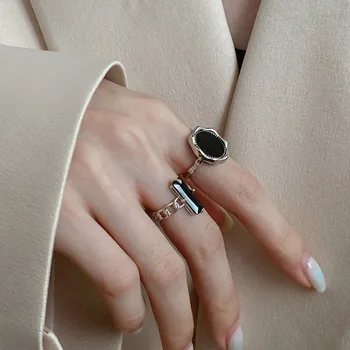 Кольца из стерлингового серебра 925 пробы с круглым черным камнем, Простые минималистичные Открытые Регулируемые кольца на палец, Модная женская Бижутерия