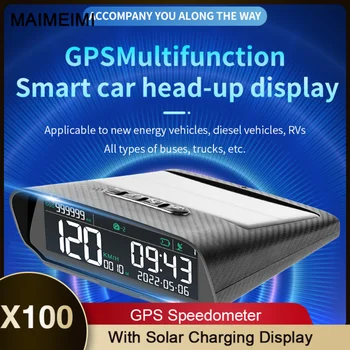 Солнечный HUD X100 GPS Автомобильный головной дисплей Беспроводной цифровой спидометр, отображение скорости, спутникового времени, даты, сигнала тревоги о превышении скорости