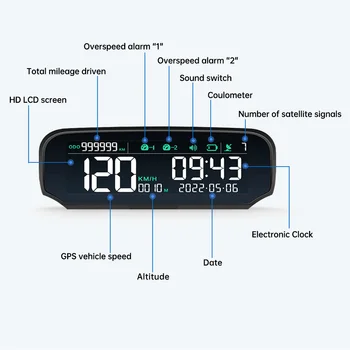 Солнечный HUD X100 GPS Автомобильный головной дисплей Беспроводной цифровой спидометр, отображение скорости, спутникового времени, даты, сигнала тревоги о превышении скорости Изображение 2