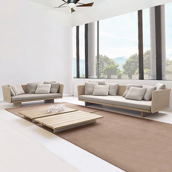 Изготовленный на заказ ротанговый диван для полноценной Виллы Японская Гостиная Мебель из ротанга для трех человек Nordic Courtyard