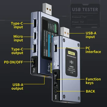 USB-тестер батареи FNB58, Вольтметр, Амперметр TYPE-C, Быстрое обнаружение заряда, измерение емкости триггера, измерение пульсаций Изображение 2