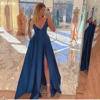 Простые атласные платья для выпускного вечера Annie, Сексуальные вечерние платья с V-образным вырезом и разрезом, Голубое вечернее платье для официальных мероприятий 2023 г.