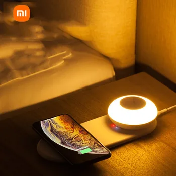 Светодиодная лампа Xiaomi с беспроводным зарядным устройством, ночник для смартфона с сенсорным затемнением, прикроватная лампа, настольная лампа, беспроводная зарядная панель