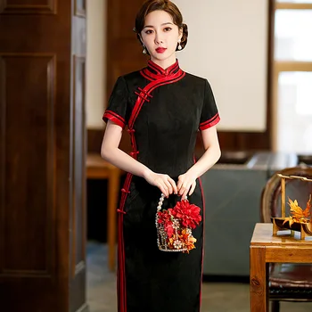 Весна-осень 2023, Новое Черное Приталенное Традиционное платье Чонсам в китайском стиле, Модное и достойное вечернее платье Ципао Изображение 2