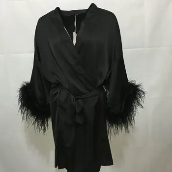 ночной халат с манжетами из натуральных страусиных перьев, ночная одежда 210716