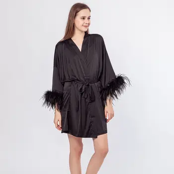 ночной халат с манжетами из натуральных страусиных перьев, ночная одежда 210716 Изображение 2