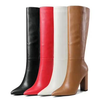 Новые женские Рыцарские сапоги до колена из мягкой кожи, Большие размеры, Осень-зима, Модные повседневные ботинки на высоком квадратном каблуке Белого, Коричневого, красного, черного цвета