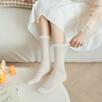 Однотонные Свободные Длинные Носки С отверстиями, Дышащие Летние женские носки, Ультратонкая Прозрачная Сетка, Кружевной Шелковый Носок с кристаллами Изображение 2