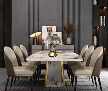 Обеденный стол из каменной плиты, простой прямоугольный светильник, роскошный обеденный стол и стулья из нержавеющей стали, высококачественная мебель для виллы Изображение 2