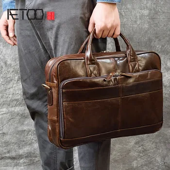 Мужской кожаный портфель AETOO, деловая сумка, кожаная сумка первого слоя через плечо, сумка для компьютера