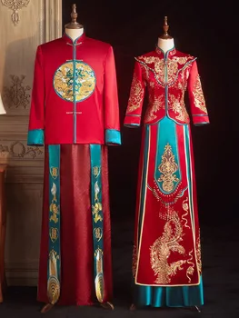 Традиционная одежда Невесты и Жениха в китайском стиле Свадебное платье С Вышивкой Красного Дракона и Феникса Вечернее платье Чонсам Халат