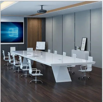 Стол для конференц-зала, Дизайнерский офис, Белый кварцевый камень, Мраморная столешница, Современный длинный стол для конференций, офисный стол Изображение 2