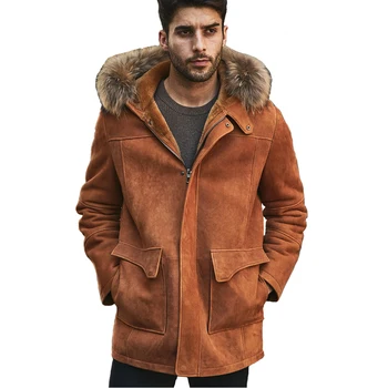 Denny & Dora / Новая мужская куртка из овчины, Длинное меховое пальто с капюшоном, Оранжевая кожаная куртка