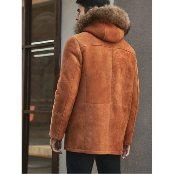 Denny & Dora / Новая мужская куртка из овчины, Длинное меховое пальто с капюшоном, Оранжевая кожаная куртка Изображение 2
