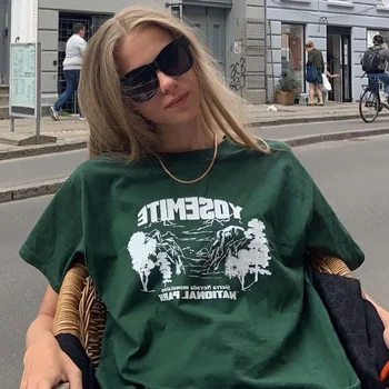 Зеленые графические футболки для женщин, уличные футболки Оверсайз, модная одежда 2022, хлопок с коротким рукавом, крутые удобные топы XL