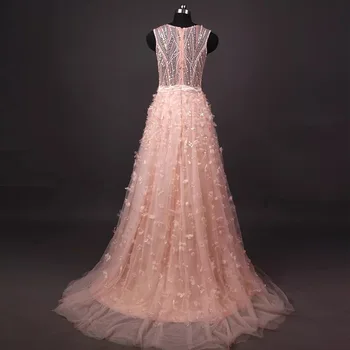 Потрясающее свадебное розовое шифоновое вечернее платье трапециевидной формы с V-образным вырезом, роскошные вечерние платья с прозрачной спинкой, расшитые бисером Изображение 2