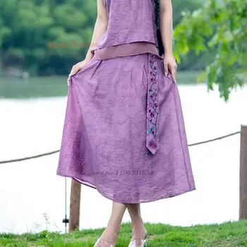 2023 китайская винтажная юбка, национальная цветочная вышивка, хлопковая льняная юбка, этническая юбка с эластичным поясом, народный костюм, ретро юбка-трапеция