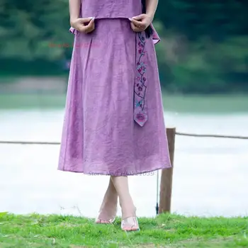 2023 китайская винтажная юбка, национальная цветочная вышивка, хлопковая льняная юбка, этническая юбка с эластичным поясом, народный костюм, ретро юбка-трапеция Изображение 2