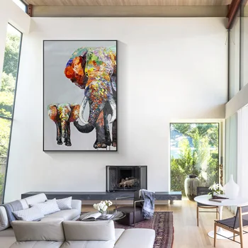 Красочный слон, Животное, Акриловая картина на холсте, Большая настенная художественная текстура в рамке, ручная роспись, современный домашний декор для гостиной Изображение 2