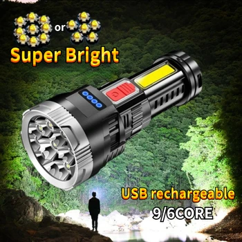 9 Светодиодный Фонарик USB, перезаряжаемый, мощный, с боковой подсветкой Cob 100000lm, Аварийный фонарь для кемпинга на открытом воздухе