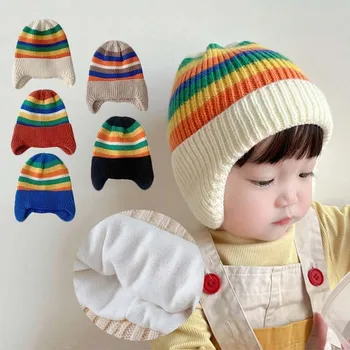 Детская вязаная шапочка в радужную полоску, Зимняя детская шапочка с защитой ушей, Пуловер для мальчиков и девочек, Яркая детская шерстяная шапка