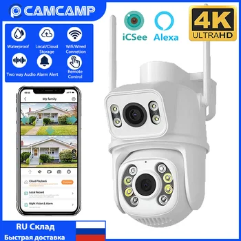 Camcamp 8-мегапиксельная PTZ IP-камера на открытом воздухе с двойным объективом 4K, Автоматическое отслеживание человека, Видеонаблюдение, Wi-Fi Камера наблюдения iCSee APP