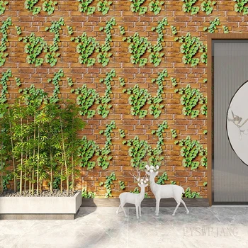 Обои с рисунком зеленого листа в виде кирпича, Чайная комната, Салон красоты, наклейка на стену, Украшение дома, самоклеящиеся 3D обои из ПВХ Изображение 2