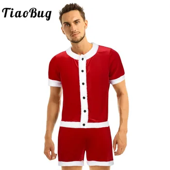TiaoBug/Мягкий Бархатный Рождественский костюм Санты для взрослых, Красные топы с короткими рукавами и шорты, Комплект для мужчин, Маскарадный костюм для Рождественской вечеринки
