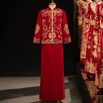Традиционное китайское свадебное платье для жениха в винтажном мужском стиле с вышивкой Дракона, свадебный костюм Тан, одежда китайская одежда