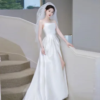 Элегантные свадебные платья с Белым Атласным Хвостом, Свадебные платья Невесты с Высоким Разрезом, Вечерние платья robe de mariée
