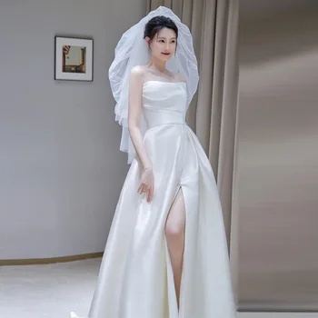 Элегантные свадебные платья с Белым Атласным Хвостом, Свадебные платья Невесты с Высоким Разрезом, Вечерние платья robe de mariée Изображение 2