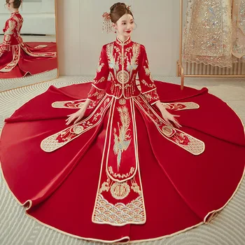 Одежда для Тостов Свадебное платье с вышивкой Феникса в Китайском стиле, Древние Традиционные Свадебные платья Ханьфу, Костюм Тан Чонсам