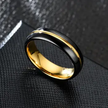 Простые мужские Кольца из нержавеющей стали 6 мм 8 мм, Золотистый цвет, Скошенный край, Черный Вырез, Свадебное Обручальное кольцо Для мужчин, подарок для вечеринки Изображение 2