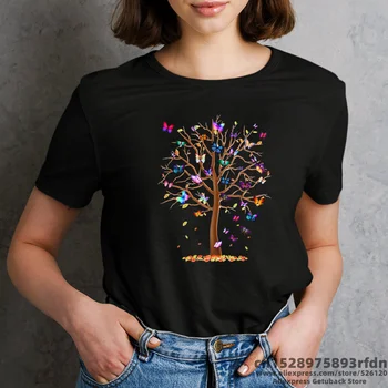 Женская черная футболка с бабочкой и деревом, топы в корейском стиле Harajuku, графические топы Kawaii, женские футболки, Топы, женская футболка, Прямая поставка