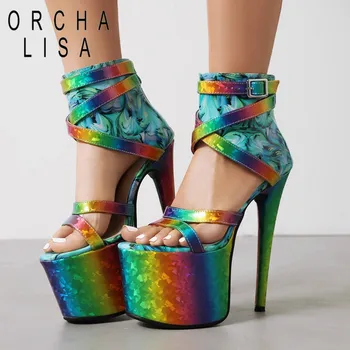 ORCHA LISA/ Модные женские Босоножки с открытым Носком на Тонком высоком Каблуке 17 см, платформе, молнии 7,5 см, Большие Размеры 42 43, Пикантная Смешанная Женская обувь