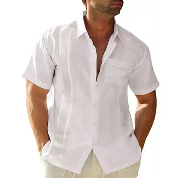 YZLDS, Летнее хлопковое платье Гуаябера с коротким рукавом, Футболка для мужчин, кубинские шорты, Пляжные топы на пуговицах с широким воротником, мужская одежда Изображение 2