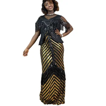 Африканские платья для женщин, Летние Элегантные Африканские Платья с коротким рукавом и круглым вырезом, Золотое, Серебряное, из полиэстера, расшитое блестками, Длинное платье для свадебной вечеринки Изображение 2